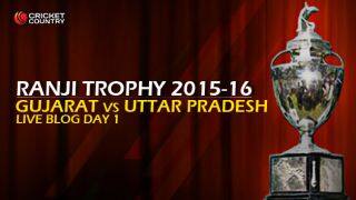 UP 272/9 I Live Cricket Score,Gujarat vs Uttar Pradesh, Ranji Trophy 2015-16, Group B match, Day 1 at Valsad; Stumps